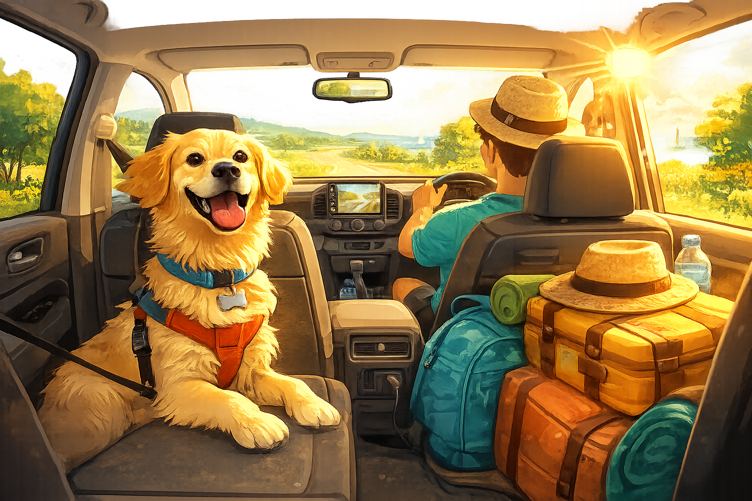 Perro viajando feliz en coche durante vacaciones de verano