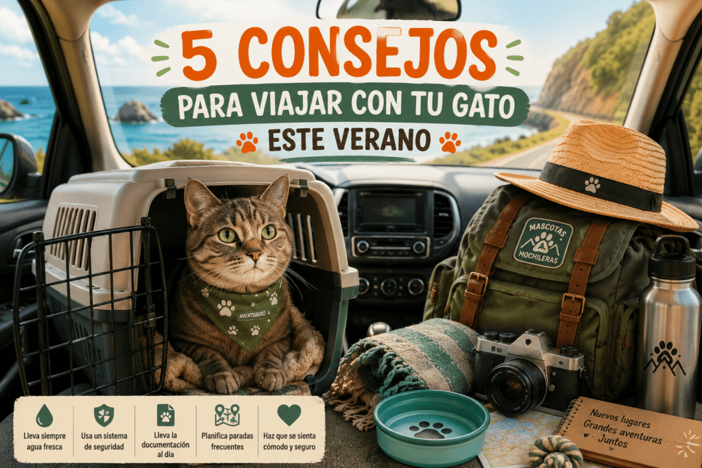 Gato preparado para viajar de forma segura en transportín durante unas vacaciones