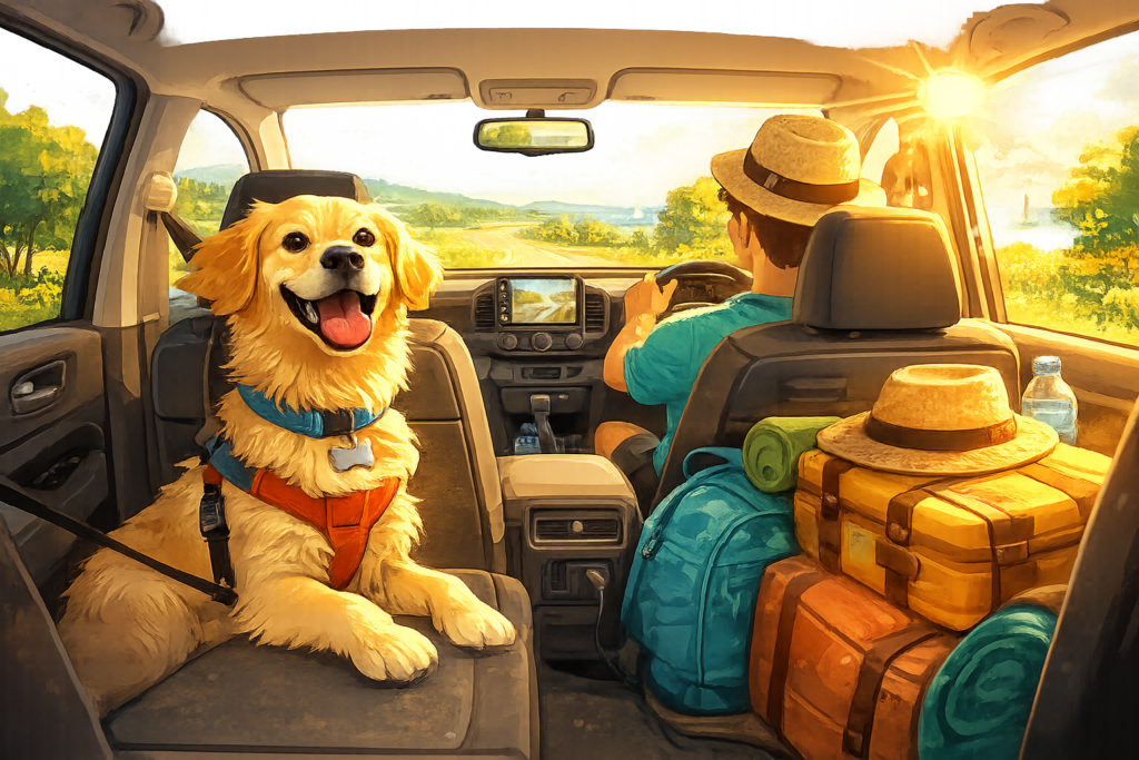 Perro viajando feliz en coche durante vacaciones de verano